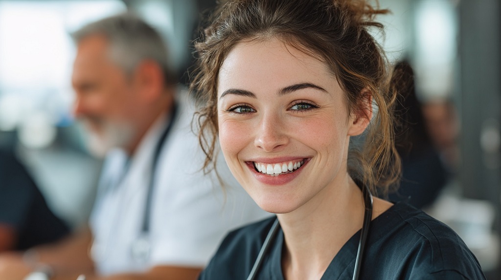 Smiling young nurse in uniform sitting in a hospital office, representing positivity and dedication in healthcare work