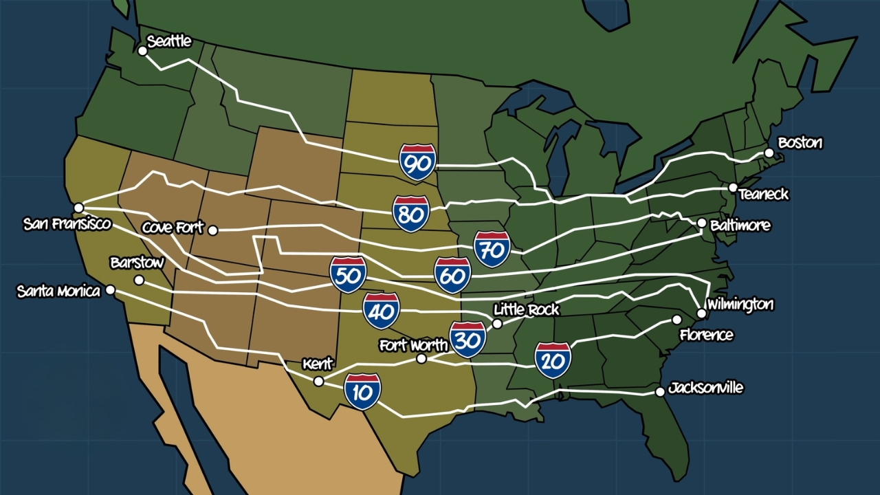 Map of the United States showing major east–west Interstate highways, including I-10, I-20, I-30, I-40, I-50, I-60, I-70, I-80, and I-90, highlighted with white lines across the country