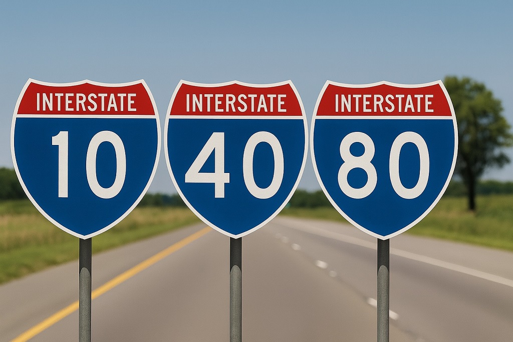 Three Interstate highway signs for I-10, I-40, and I-80