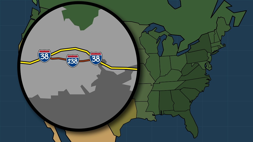 Map showing I-38 running east–west with an unusual connector route labeled I-238 highlighted inside a circular zoom-in area