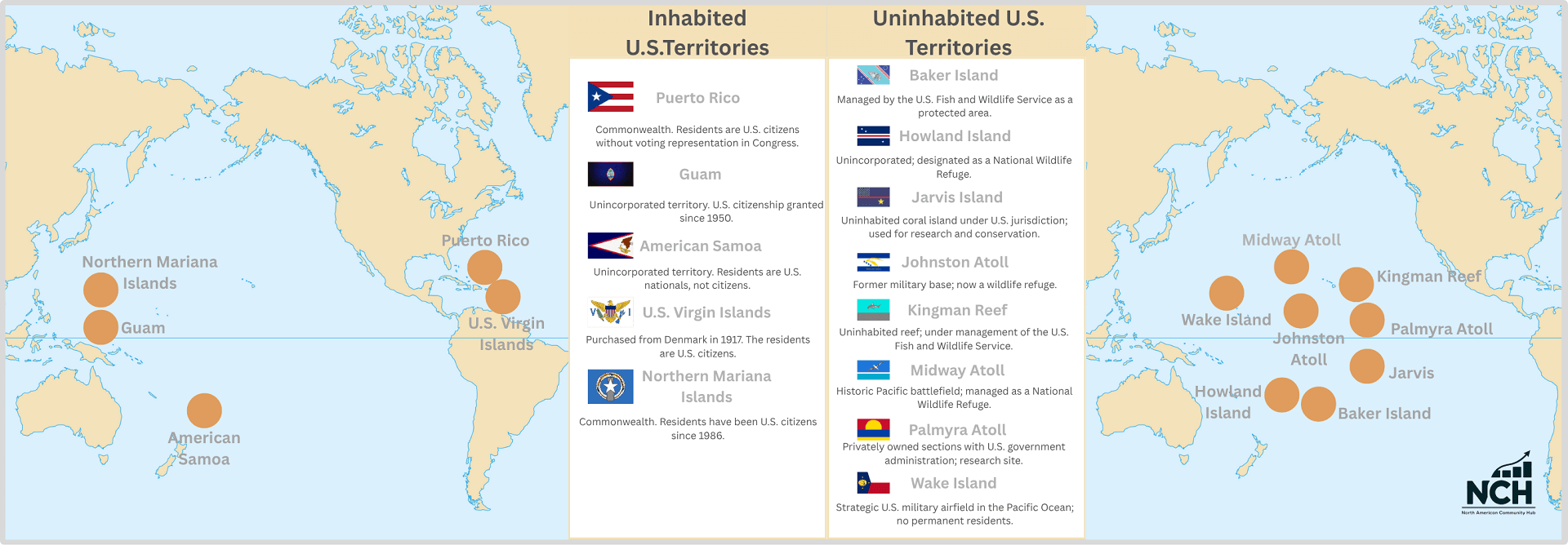 Map of all US territories that are not states, with both inhabited and uninhabited regions.