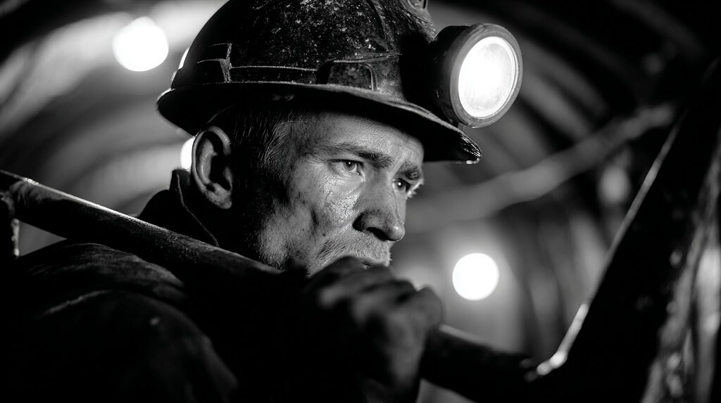 A male miner wearing a helmet with a headlamp, face covered in dust, standing in an underground tunnel and holding a tool, photographed in black and white