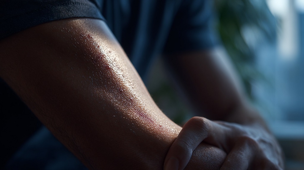 Irritated patch of dry, inflamed skin on the forearm highlighted by natural side lighting