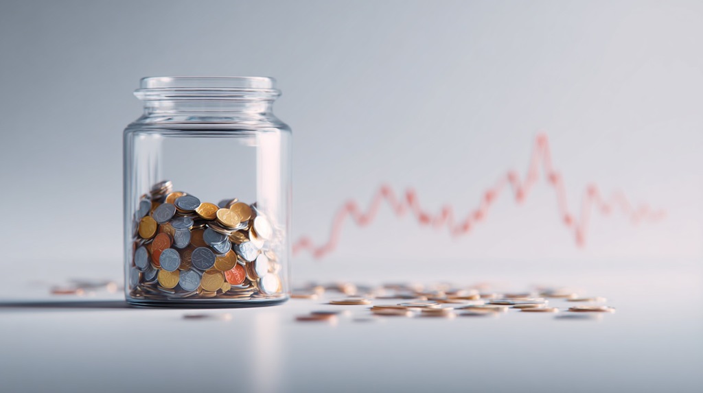 Glass jar filled with coins in front of a blurred financial line chart, illustrating savings yields and money market fund returns
