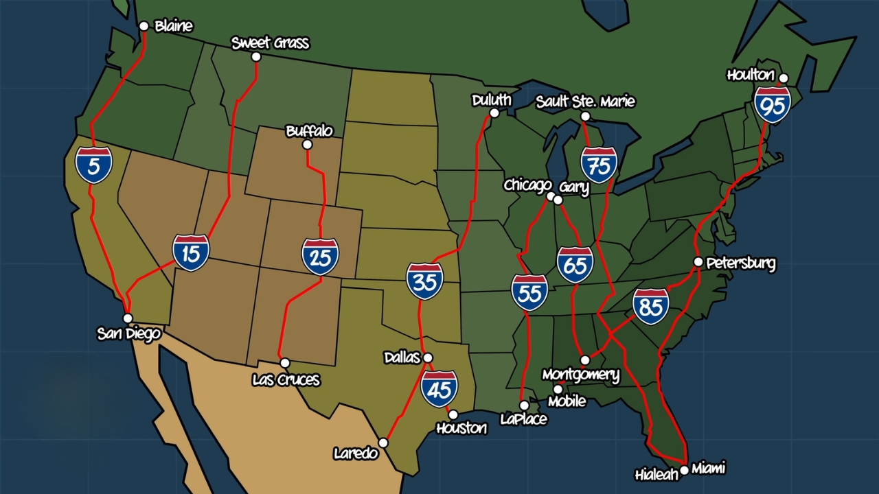 Map of the United States showing major north–south Interstate highways, including I-5, I-15, I-25, I-35, I-45, I-55, I-65, I-75, and I-95, highlighted with red lines running through western, central, and eastern regions
