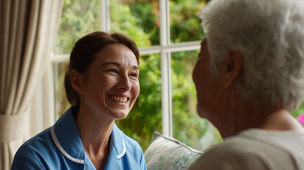 Nurse smiling while talking with an elderly patient at home, illustrating compassionate home-based healthcare