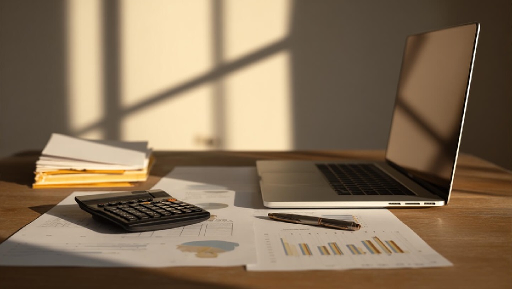 Desk with a laptop, calculator, charts, and documents in warm sunlight