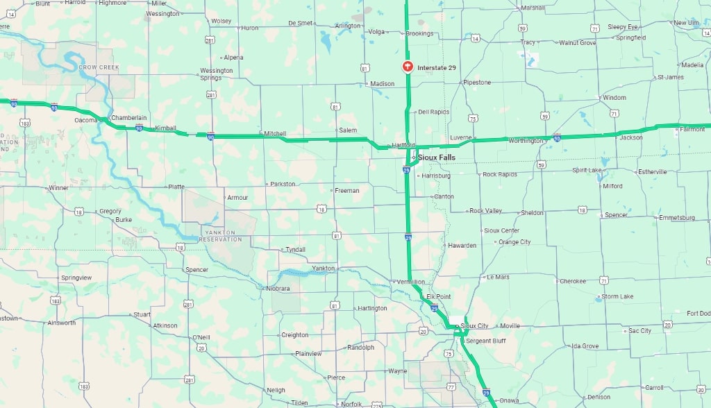 Map showing Sioux Falls, South Dakota, with major highways I-29 and I-90 crossing through the region
