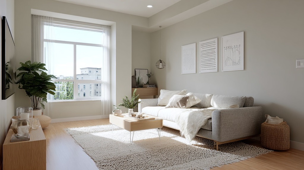 Bright, modern living room interior with natural daylight, illustrating the appeal of short-term rental income through platforms like Airbnb