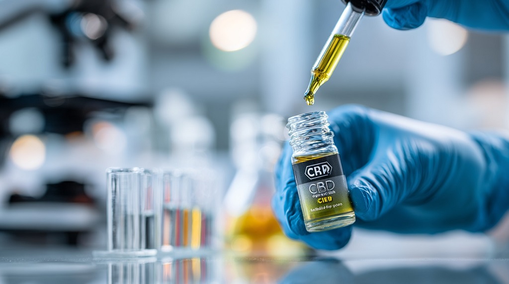 Laboratory technician testing CBD oil sample with dropper and gloves, reflecting quality control and regulation standards