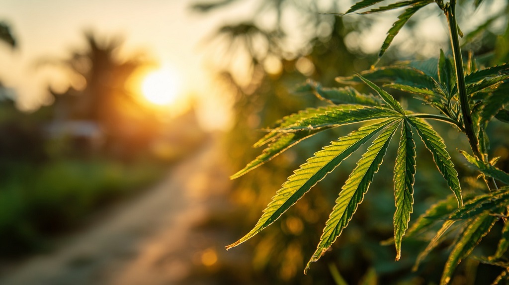 Hemp leaf in sunlight on a rural path, illustrating natural source of CBD under restricted legal frameworks in some states