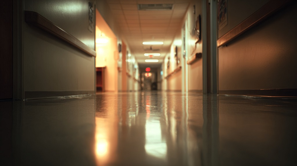 empty hospital hallway at night with dim lighting and reflections on polished floor