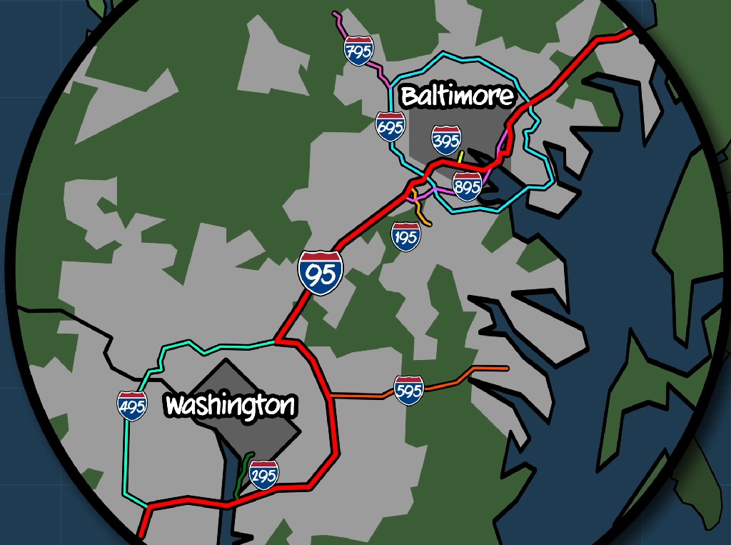 Map illustration showing three-digit Interstate routes around Washington and Baltimore, including I-295, I-495, I-595, I-195, I-395, I-695, and I-895