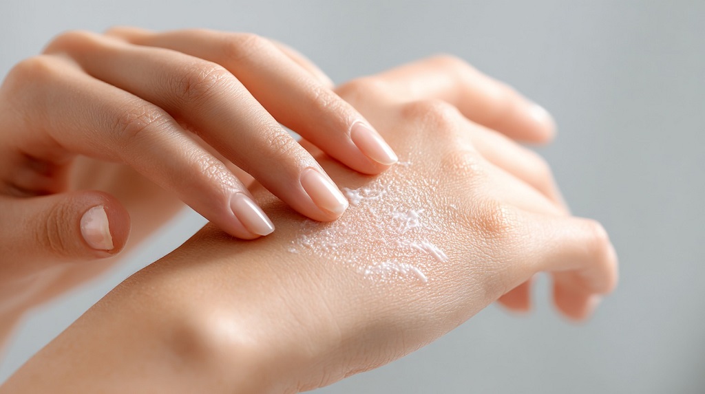 Hand gently applying moisturizing cream to dry, irritated skin on the back of the hand