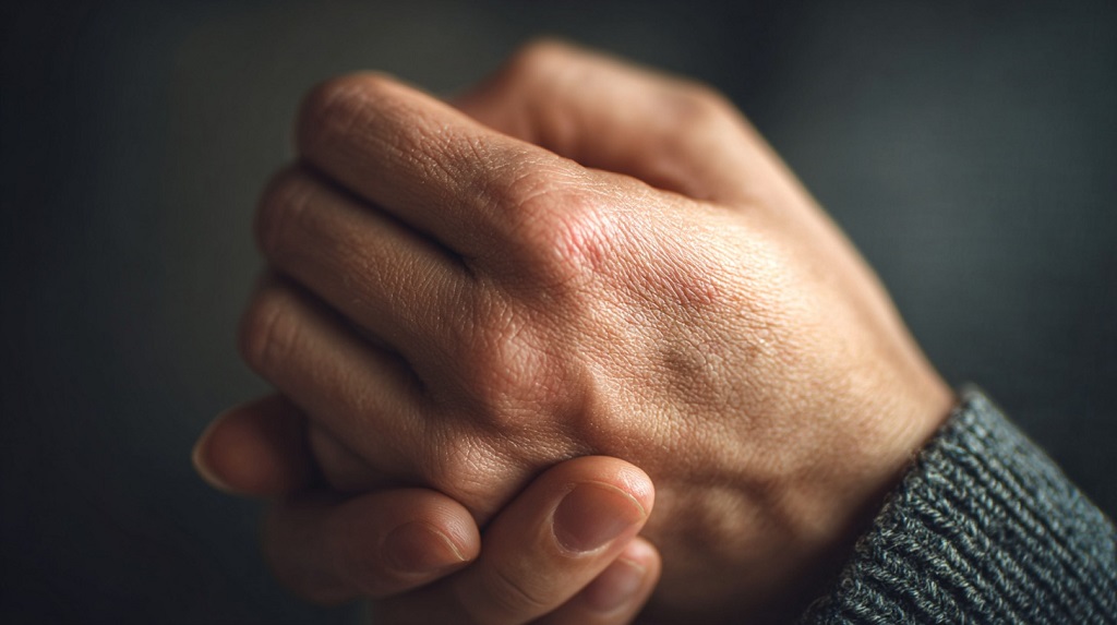 Hands clasped together with mild skin irritation visible on the knuckles