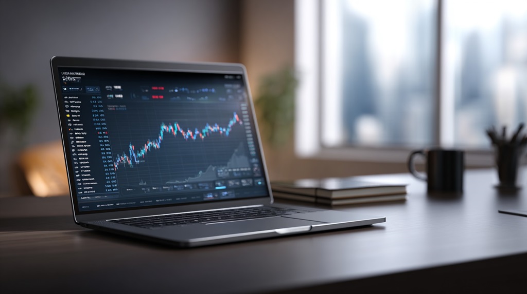 Laptop screen showing a stock market chart inside a modern workspace, representing dividend stock investing and passive market income