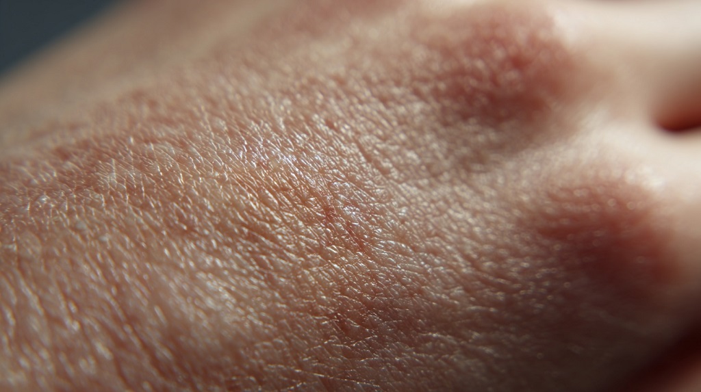 Close-up of mildly irritated dry skin with visible roughness and fine texture