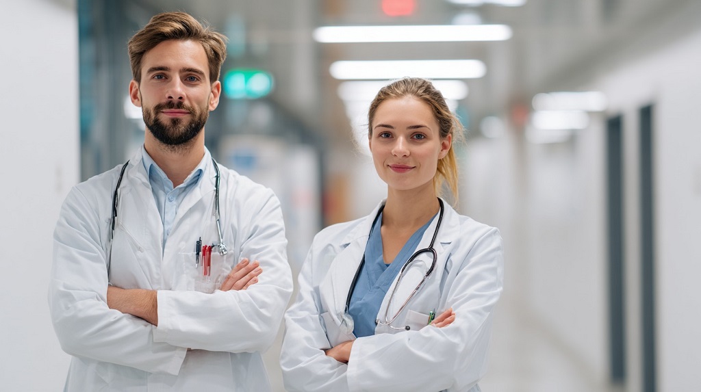 Two healthcare professionals standing confidently in a bright hospital hallway, representing the U.S. healthcare workforce
