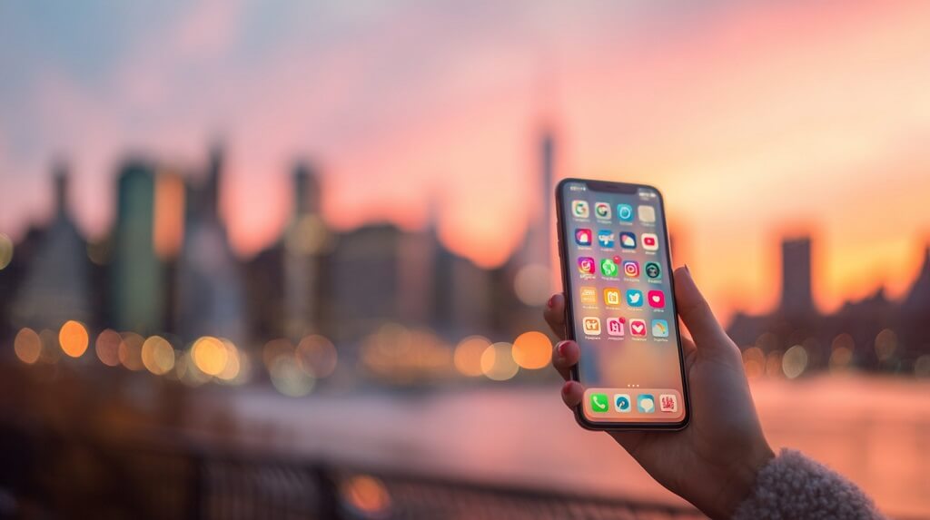 Hand holding a smartphone against a city skyline at sunset