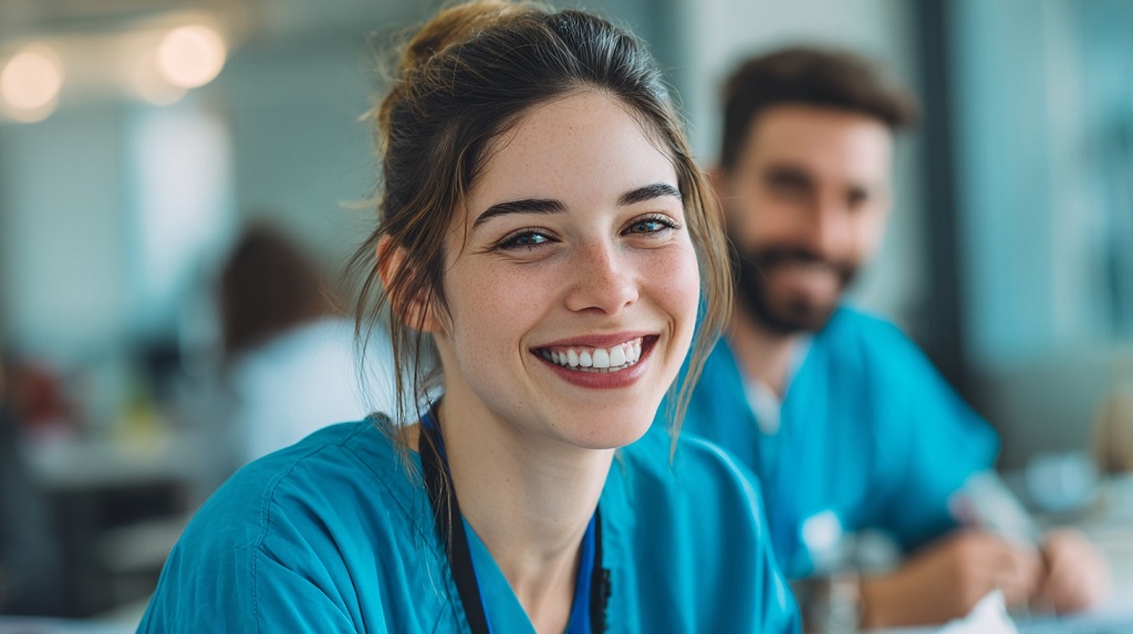 Young nurse smiling in a hospital break room, symbolizing the positive spirit and dedication of healthcare workers