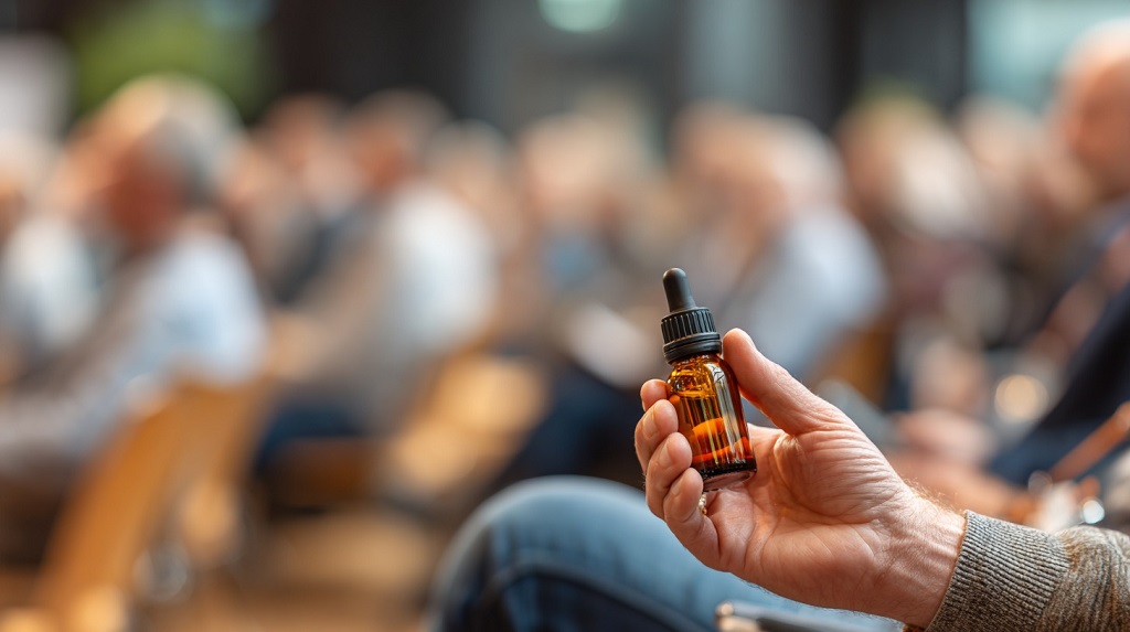 Person holding a small bottle of CBD oil at a public hearing, symbolizing advocacy for medical CBD legalization in U.S. states