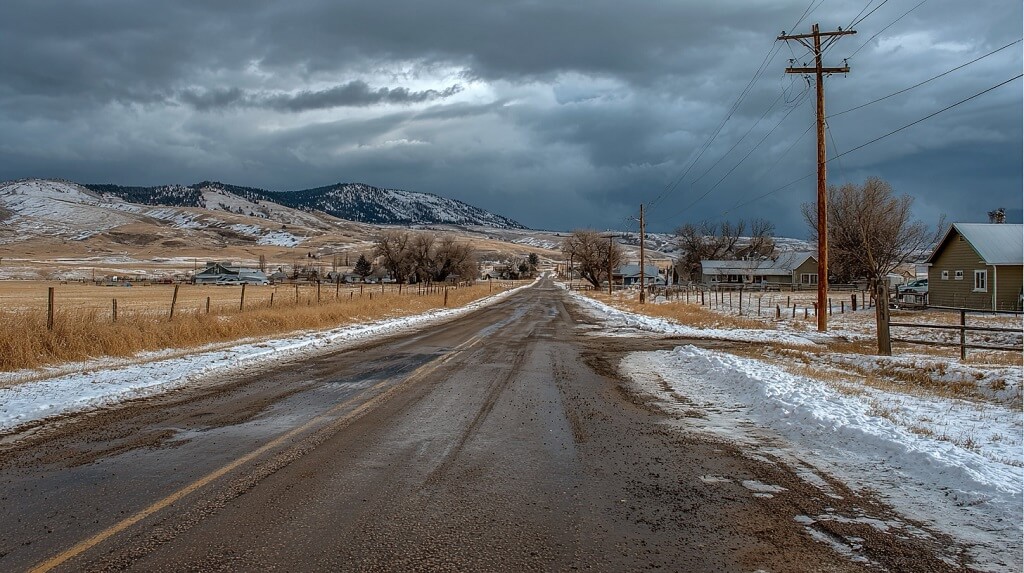 quiet rural street in Wyoming with small houses