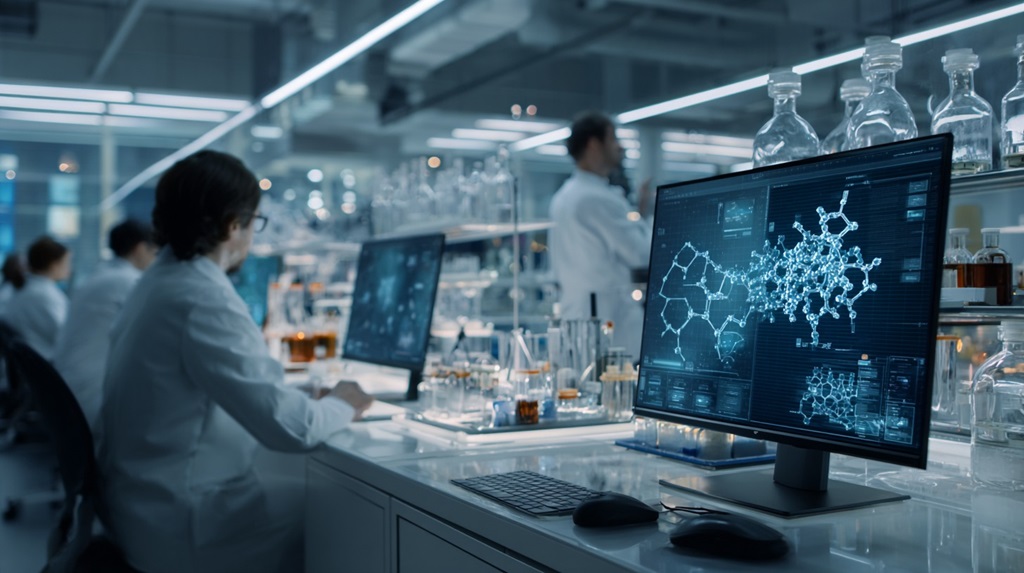 Researchers working in a modern laboratory with a computer screen showing molecular structures and drug discovery analyses