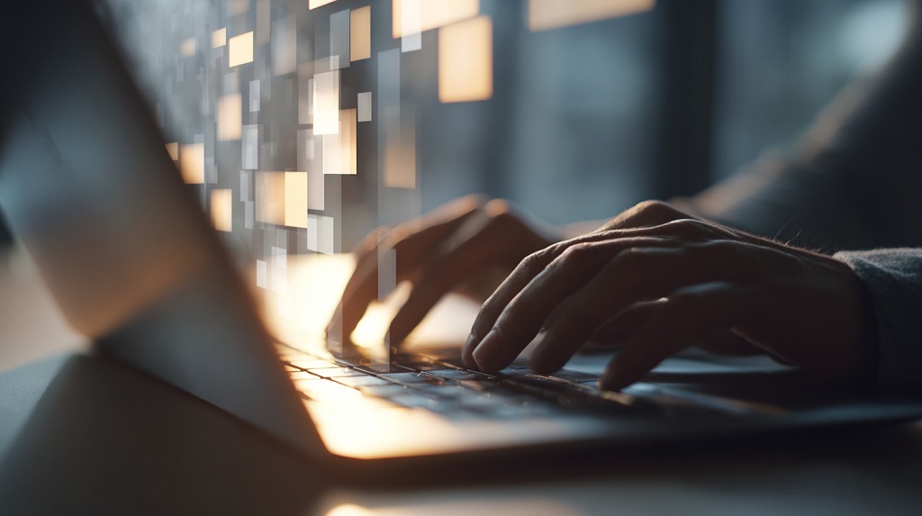 Hands typing on a laptop with abstract digital blocks symbolizing automation and data processing