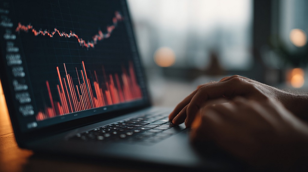 A person typing on a laptop displaying a blurred financial chart on the screen, illustrating digital investments or market activity
