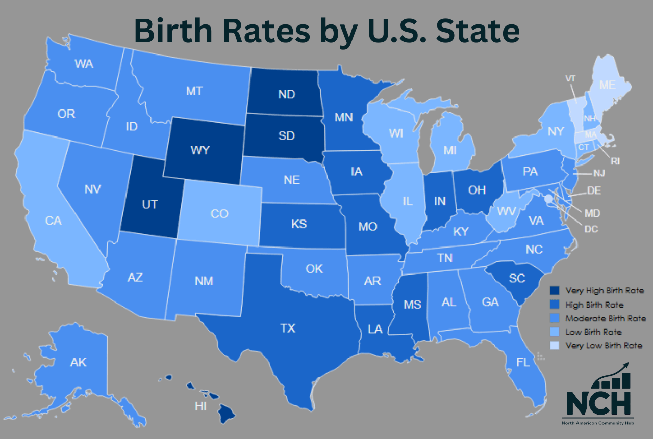 U.S. map showing state-by-state birth rates
