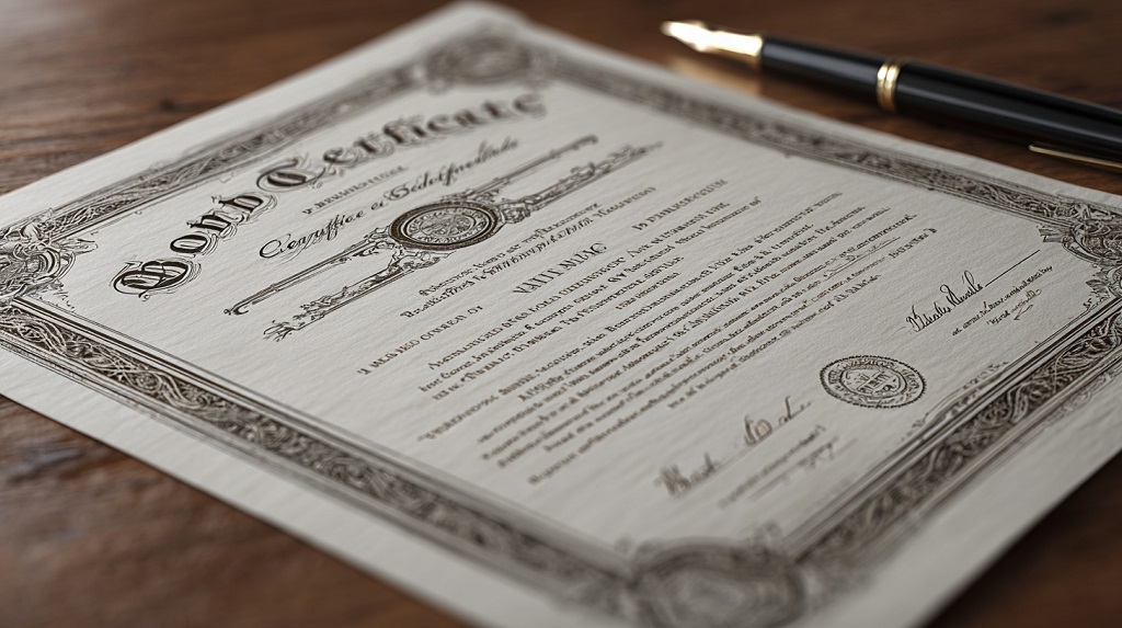 Close-up of an ornate bond certificate on a wooden desk, representing fixed-income investments and bond payouts