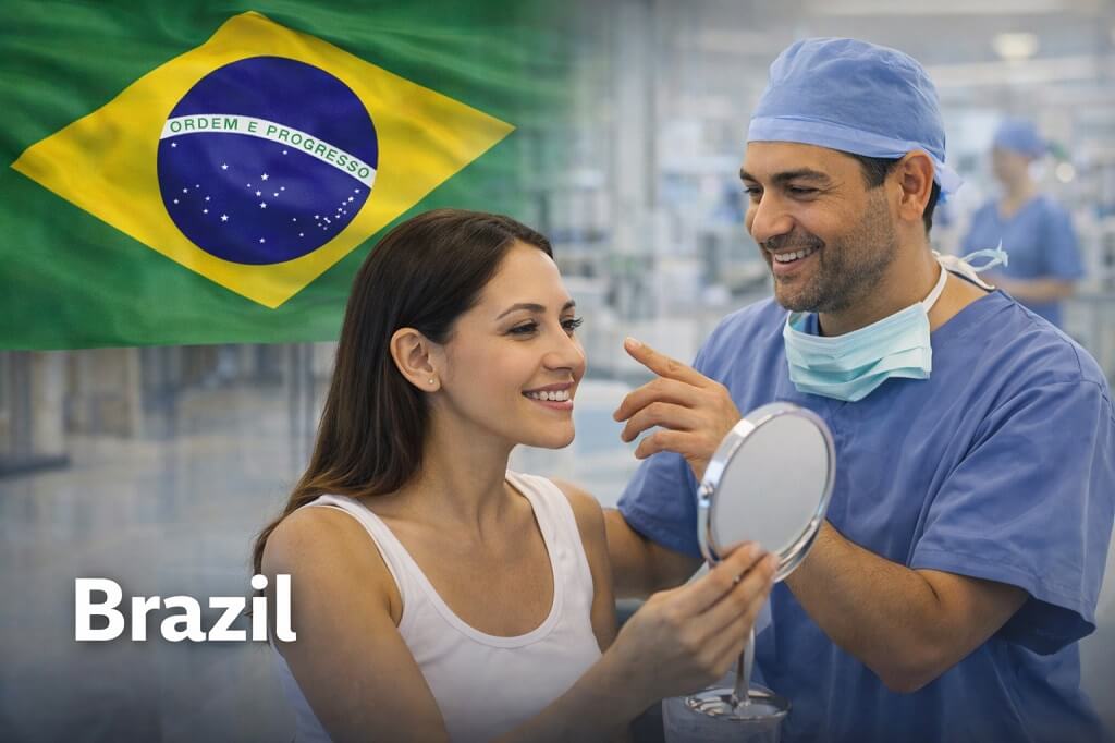 Brazilian plastic surgeon consulting with a female patient after cosmetic treatment while the Brazil flag is displayed behind them