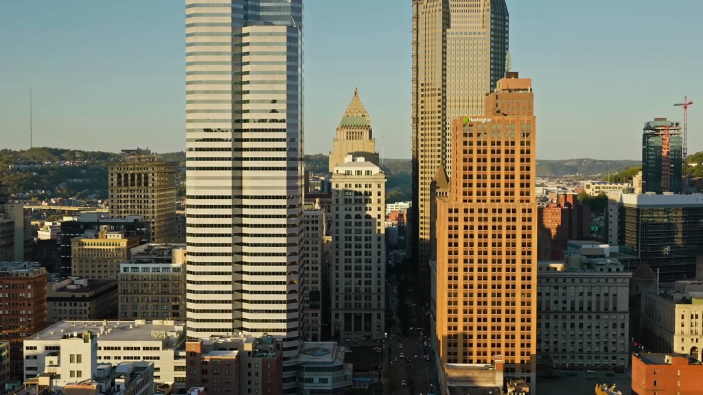 Downtown Pittsburgh skyline with tall office buildings and dense urban development, reflecting housing demand and market activity in a major Pennsylvania city