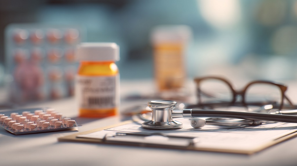Close-up of a stethoscope, prescription bottles, and pills on a desk, symbolizing healthcare services, medication access, and treatment costs