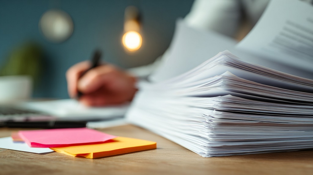Stack of legal paperwork on an office desk with a lawyer reviewing documents in the background