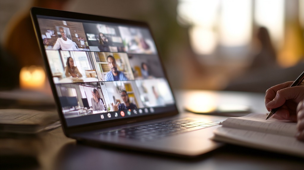 Laptop screen showing a video conference grid while someone takes notes beside it.