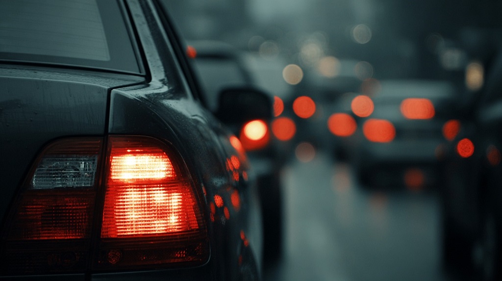 Heavy stop-and-go traffic in a large city highlights how daily congestion contributes to driver frustration and aggressive driving behavior