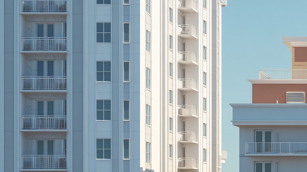 Modern condo buildings with balconies under clear sky