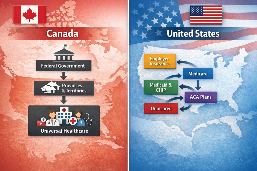 Illustrative infographic comparing the healthcare systems of Canada and the United States, showing Canada as a publicly funded single-payer framework and the U.S. as a multi-payer system with several insurance channels