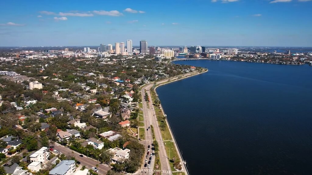 Aerial view of Tampa’s waterfront skyline with residential neighborhoods along Bayshore Boulevard