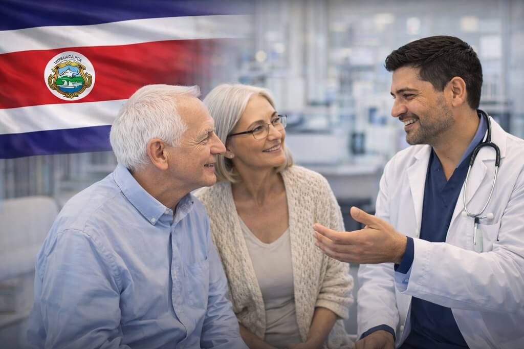 Costa Rican doctor speaking with an older couple in a hospital setting, symbolizing trusted healthcare and friendly communication