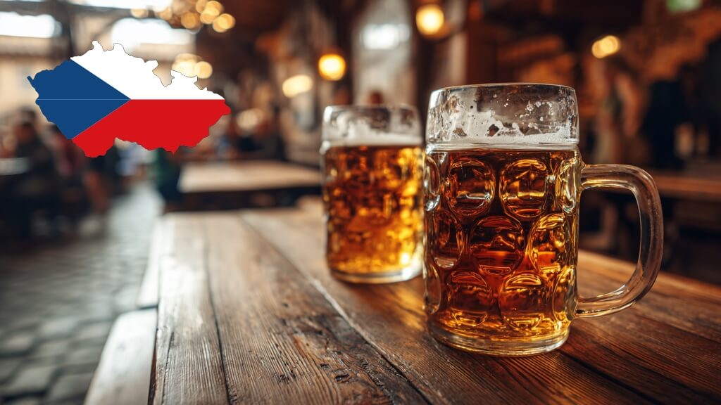 Large beer mugs filled with lager on a table inside a Czech pub