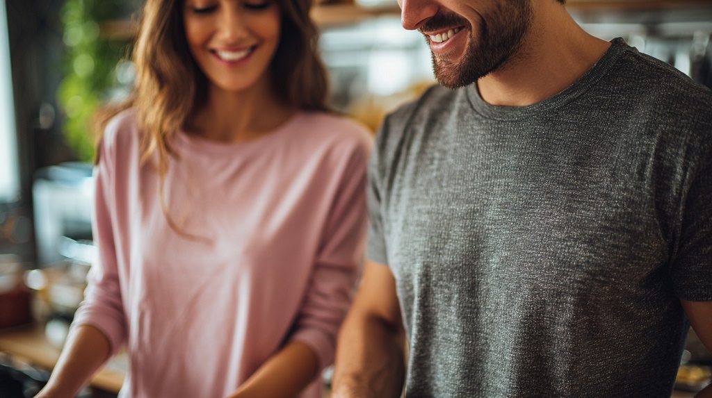 Modern couple smiling together while doing a simple everyday activity at home, showing partnership and equality