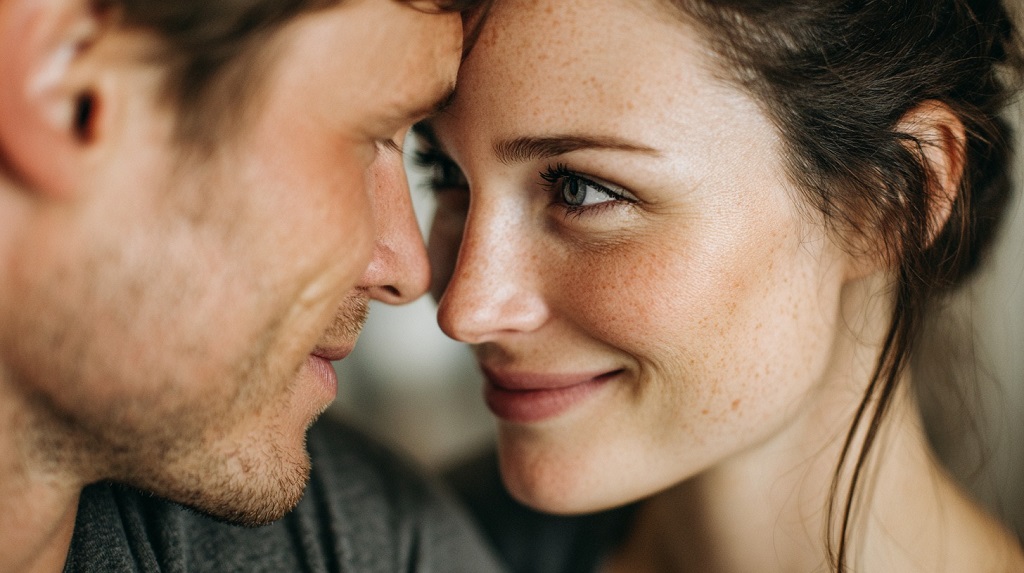 Close-up of a couple sharing a gentle, intimate moment with their foreheads touching and smiling softly