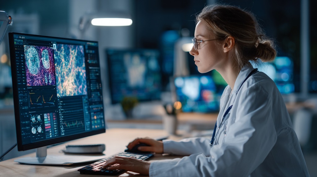 Doctor examining advanced medical imaging and diagnostic data on a large computer monitor