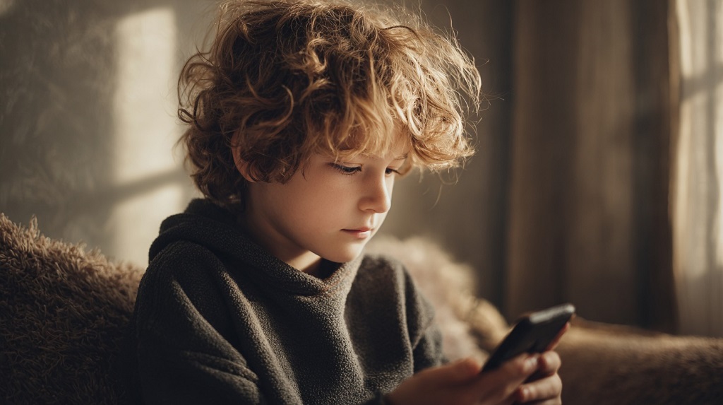 A young child sitting indoors and looking at a smartphone while illuminated by warm natural light