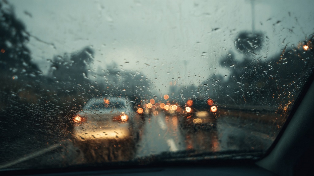 Rainy driving conditions and reduced visibility illustrate environmental factors that increase cognitive load and driver stress