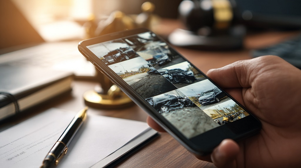 Person holding a smartphone displaying accident scene photos, symbolizing the importance of preserving evidence