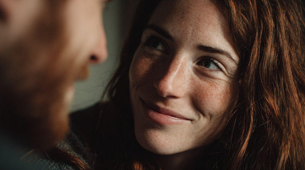 Close-up of a woman smiling warmly at her partner, showing appreciation and emotional connection