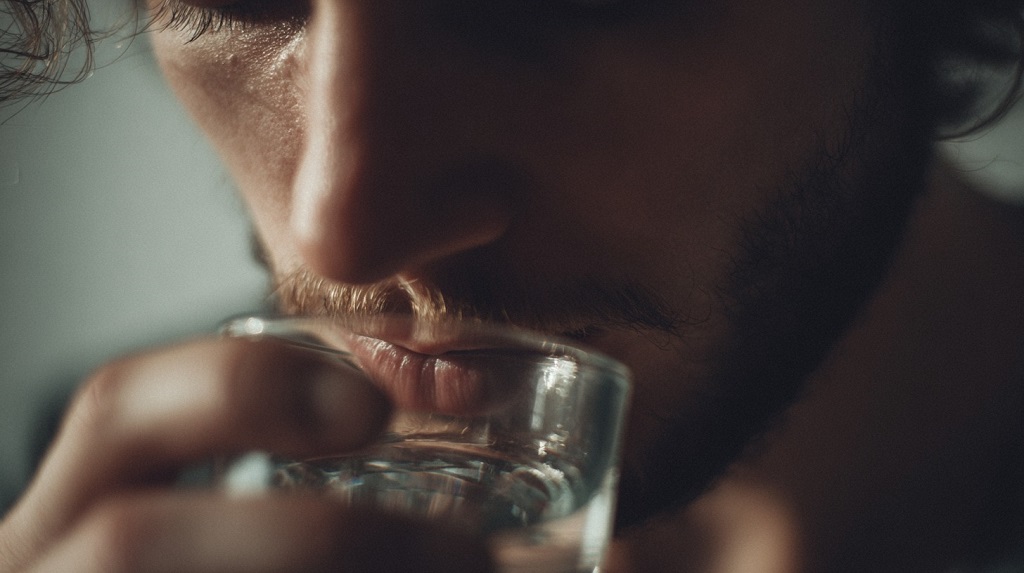 Close-up of a man drinking from a glass, with focus on his mouth and the rim of the glass